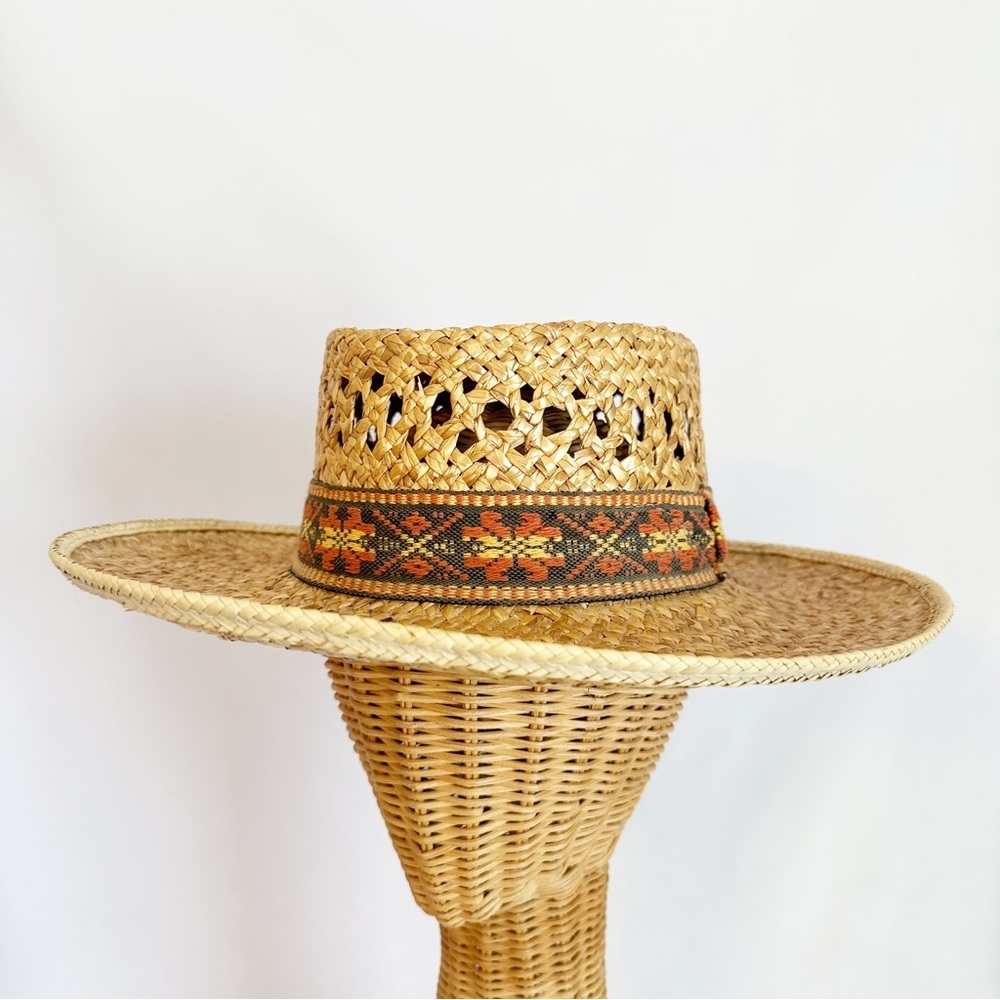 Vintage Straw Sun Hat Western Rodeo Cowboy Southwestern Embroidered Band Unisex